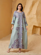 Elegant Boho Muslim Women's Long Robe, All over Print, Loose-Fitting, Round Neck, Flap Sleeves, Long Sleeve, All Seasons