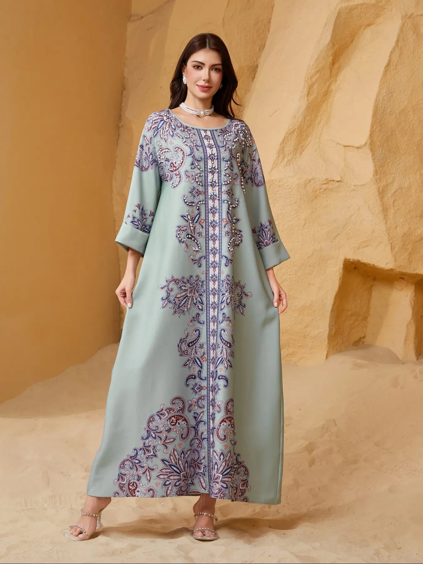 Elegant Boho Muslim Women's Long Robe, All over Print, Loose-Fitting, Round Neck, Flap Sleeves, Long Sleeve, All Seasons