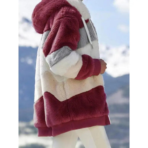 Women's Colorblock Drop Shoulder Hooded Polar Fleece Coat, Fashion Casual Long Sleeve Zip Up Warm Outerwear For Daily Outdoor Wear, Women's Clothing