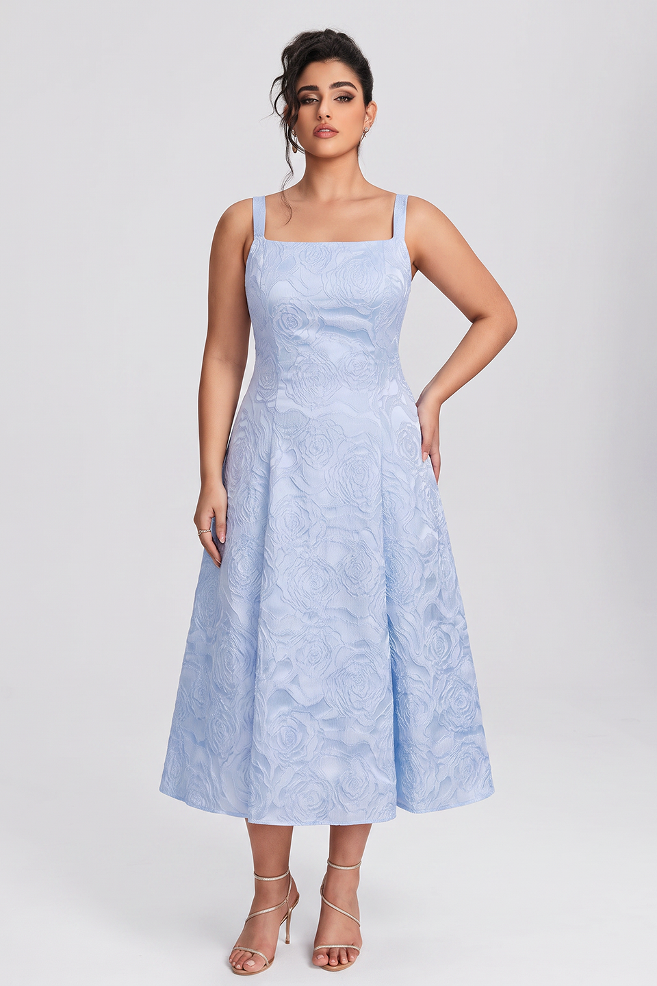 Curveins Plus Size Square Neck Sleeveless Spaghetti Strap Slim Fit Elegant Midi Dress