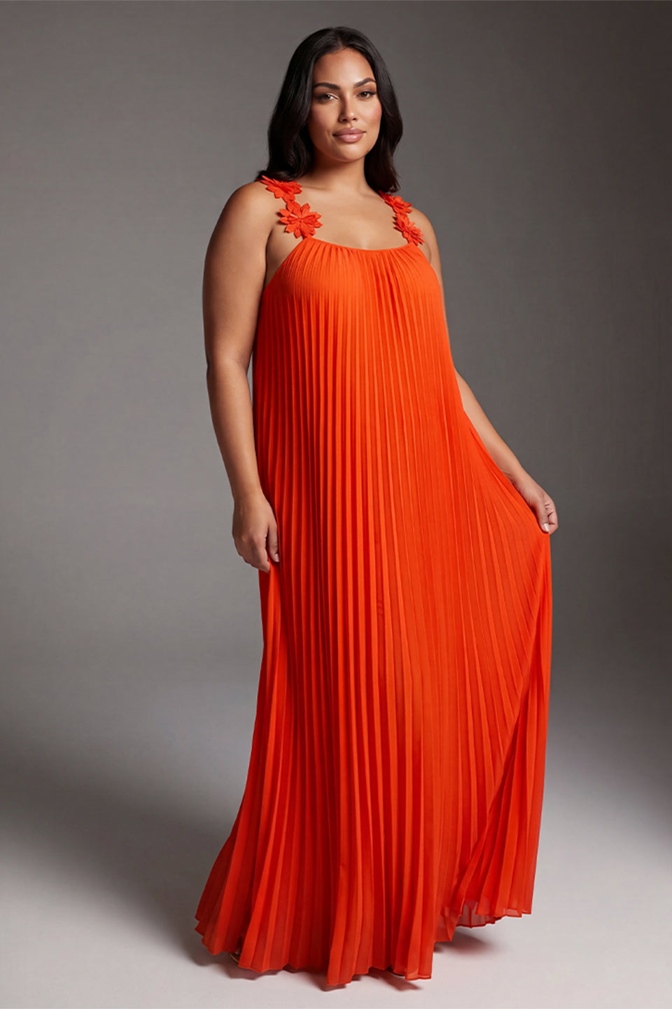 Curveins Plus Size Halter Neck Spaghetti Strap Floral Backless Pleated Maxi Dress