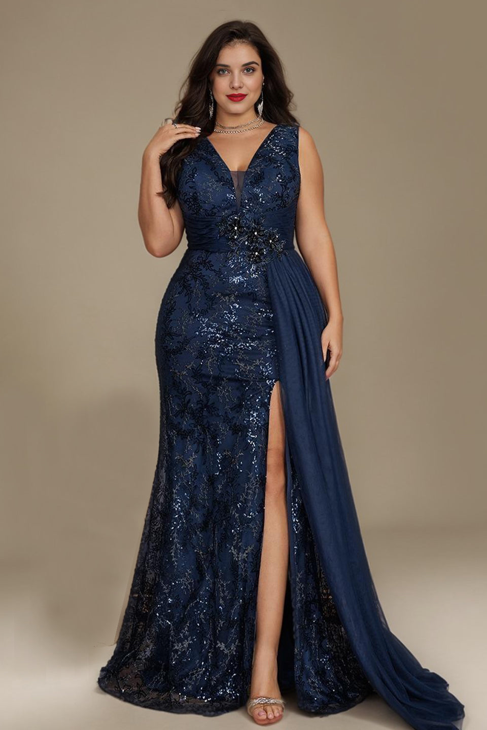Curveins Plus Size V Neck Sleeveless Sequin Floral Side Tie Elegant Maxi Dress