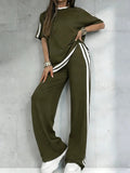 Women's Casual Athleisure Sportswear Set, Solid Color Round-Neck Short-Sleeve Split-Hem Top and Striped Long Pants, Spring/Summer Two-Piece Set