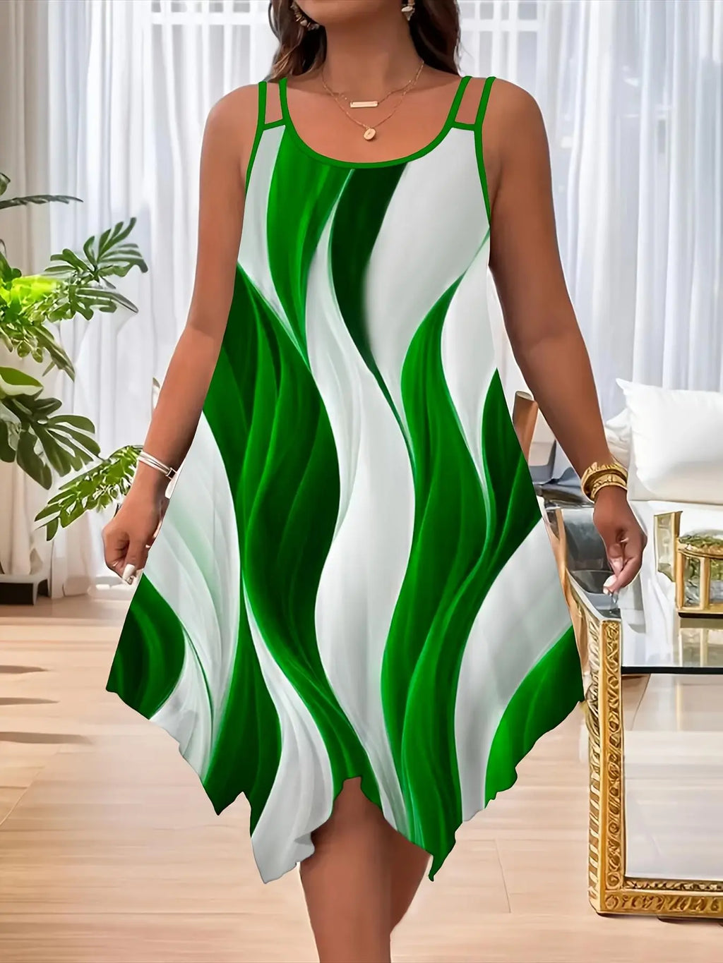 Plus Size All Over Print Asymmetrical Hem Cami Dress