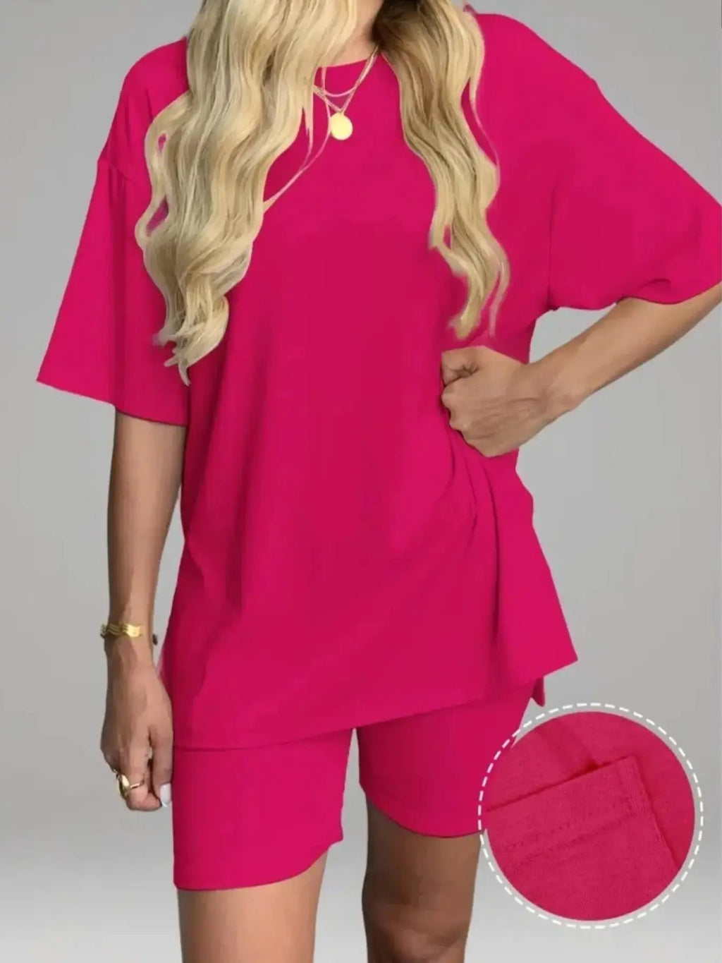 Women's Solid Color T-Shirt and Tight Shorts Set, Casual Summer Comfort Round Neck Sleepwear, Pocket Design, Outdoor Wear
