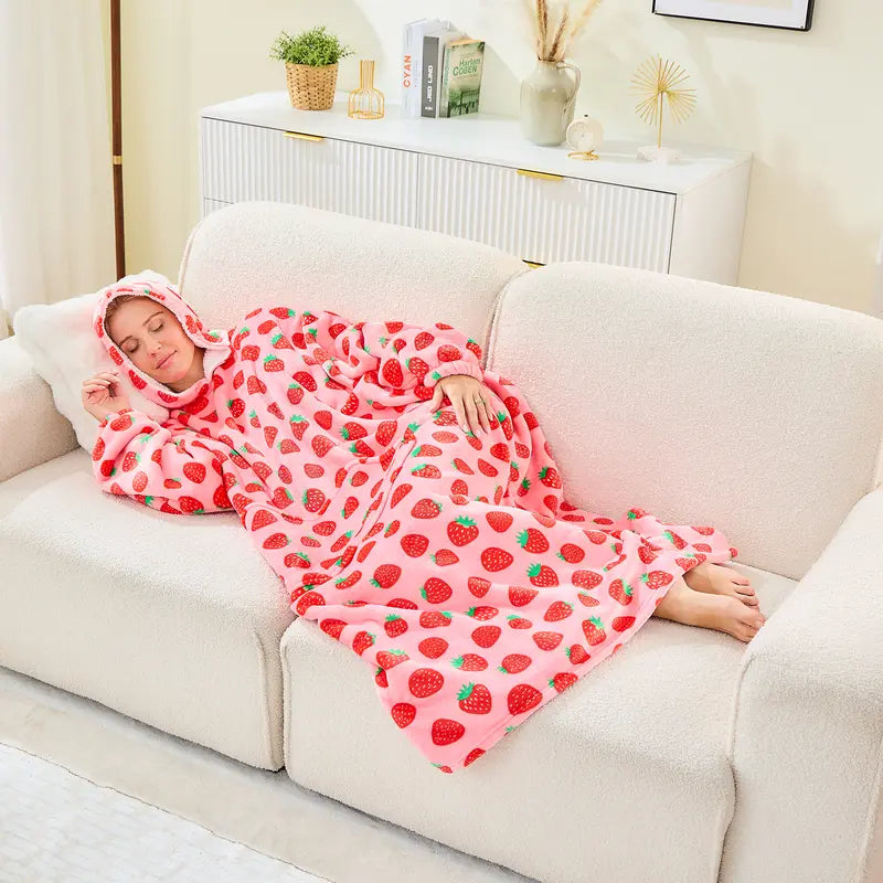 Wearable Blanket Hoodie Oversized Sherpa Fleece Hooded Sweatshirt Blanket with Sleeves,Cozy and Giant Blanket Hoodie Extra Long for Adults Women Winter Gift (Strawberry)