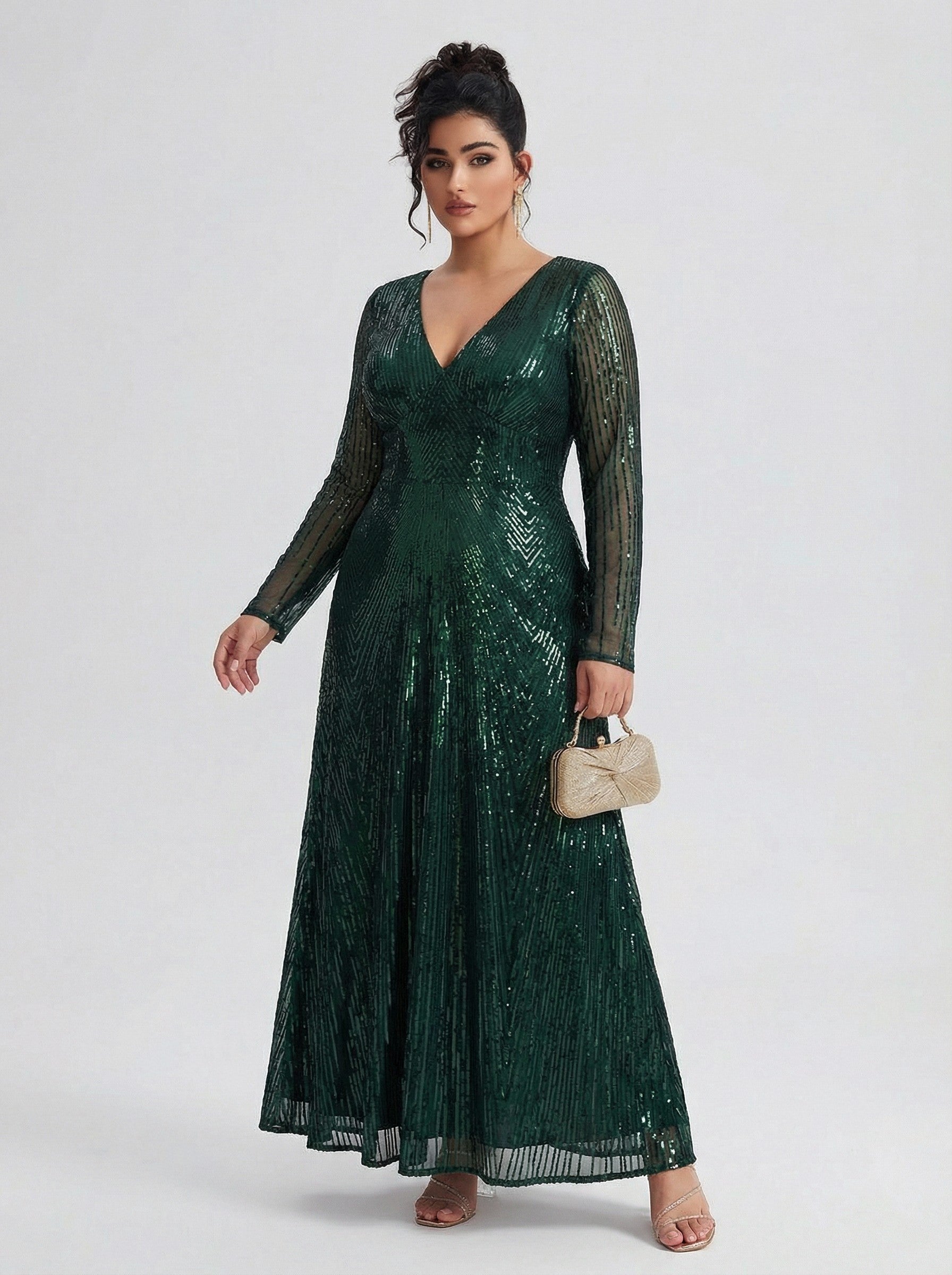 Curveins Plus Size V Neck Long Sleeve Sequin Maxi Dress