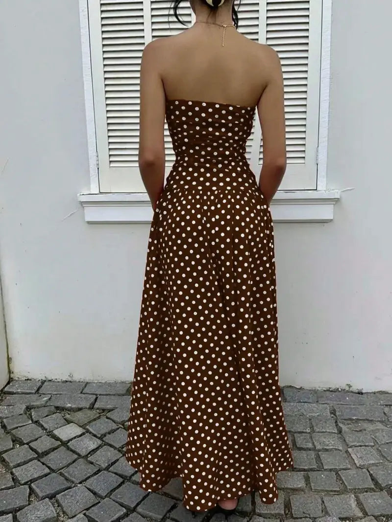 Women's Elegant Fashion Polka Dot Strapless Dress, Stylish Sleeveless Maxi Dress for Parties and Casual Wear Womenswear, Elegant Evening Dress