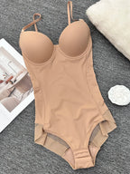 Women's Solid Color Contrast Mesh Sheer Cami Shapewear Bodysuit, Adjustable Strap Tummy Control Shapewear for All Seasons