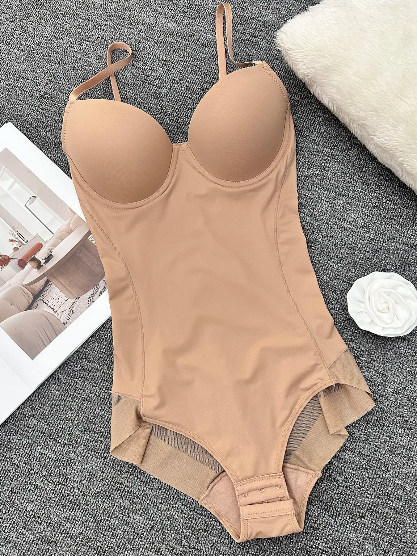 Women's Solid Color Contrast Mesh Sheer Cami Shapewear Bodysuit, Adjustable Strap Tummy Control Shapewear for All Seasons