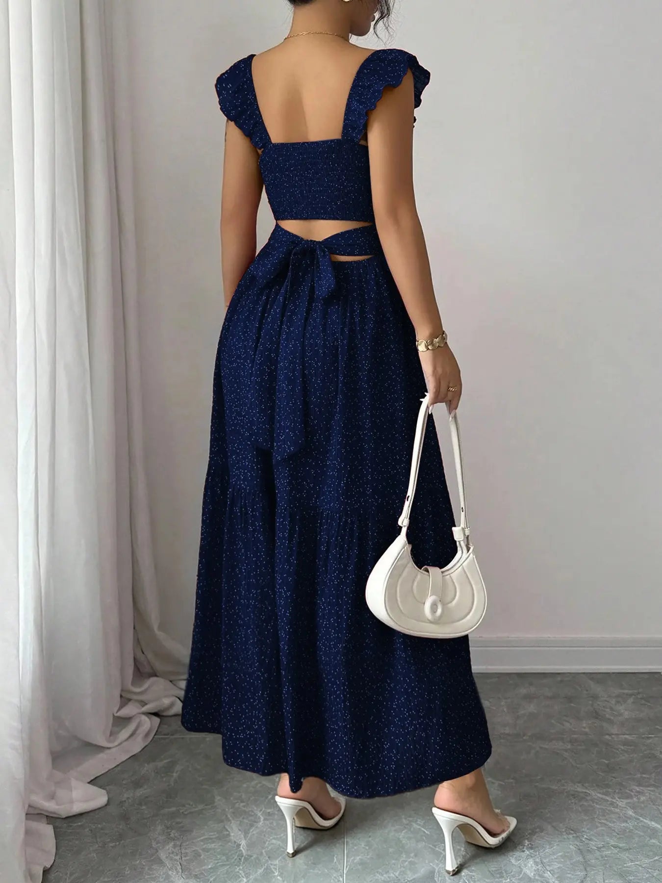 1 Piece Spring & Summer Ruffled Square Neck Polka Dot Maxi Dress