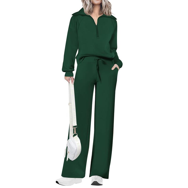 Women's Casual 2-Piece Sweatsuit Set - Half Zip Pullover Sweatshirt & Wide Leg Pants with Drawstring - Matching Tops & Sweatpants for Comfort
