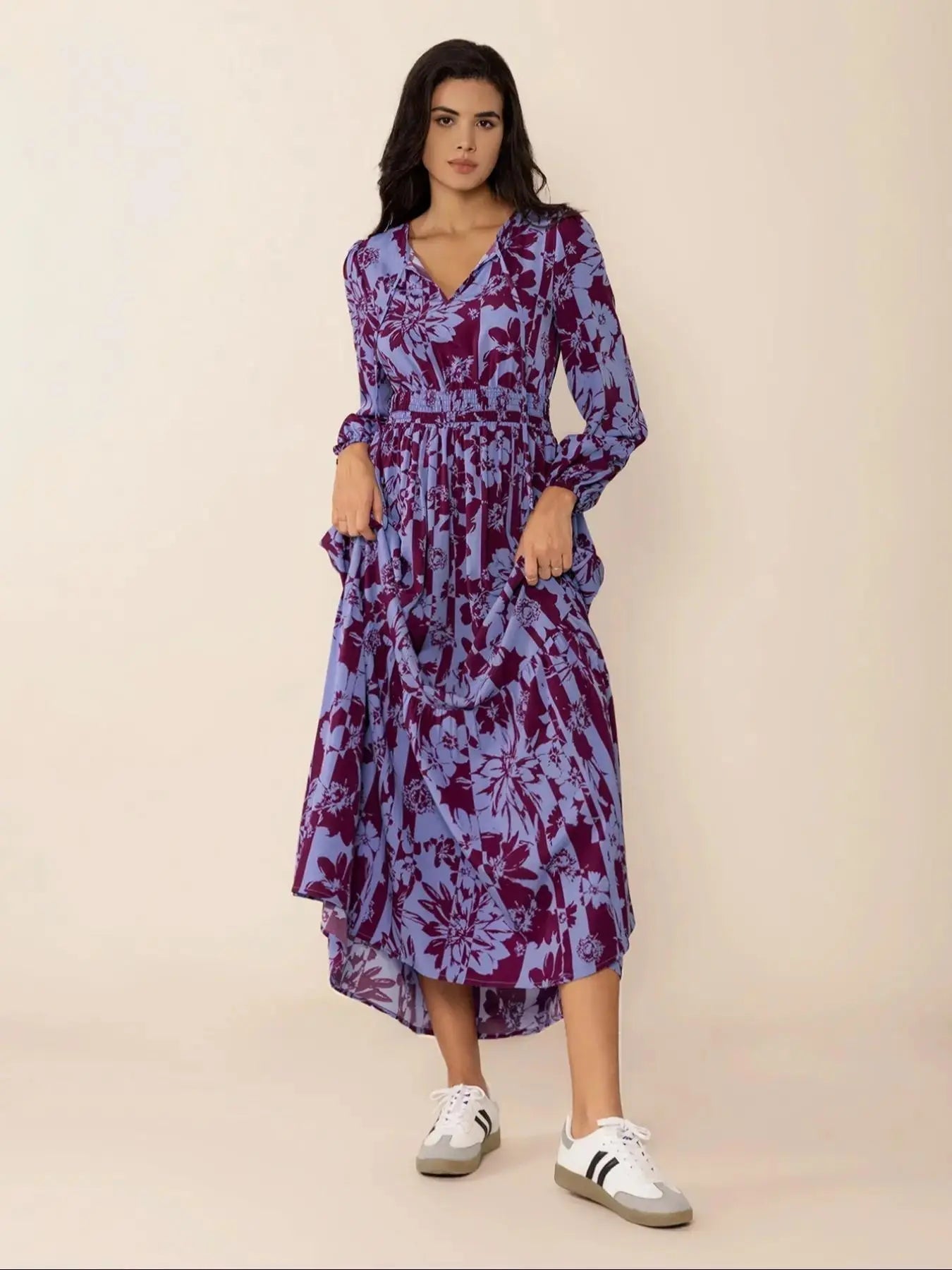 Women's Boho Floral Print Lantern Sleeve Dress, Fitted Waist Tie Design, Loose Fit Comfortable Casual Long Sleeve Dress for Fall Winter