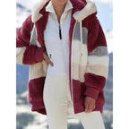Women's Colorblock Drop Shoulder Hooded Polar Fleece Coat, Fashion Casual Long Sleeve Zip Up Warm Outerwear For Daily Outdoor Wear, Women's Clothing