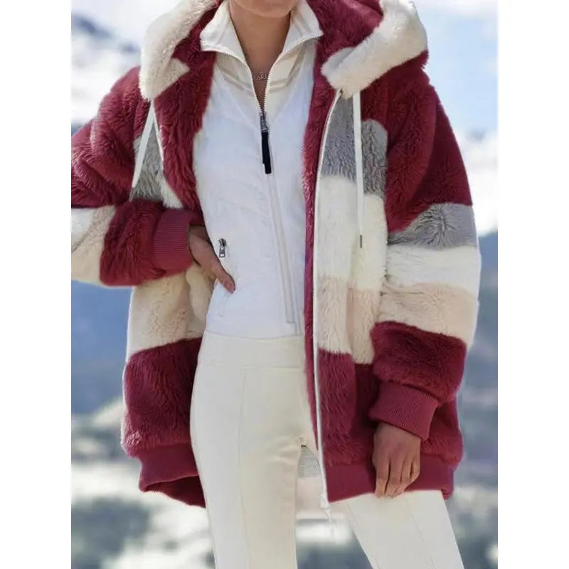 Women's Colorblock Drop Shoulder Hooded Polar Fleece Coat, Fashion Casual Long Sleeve Zip Up Warm Outerwear For Daily Outdoor Wear, Women's Clothing