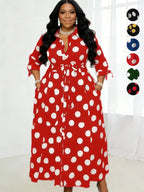 Plus-size polka-dot shirt dress with belt and front buttons