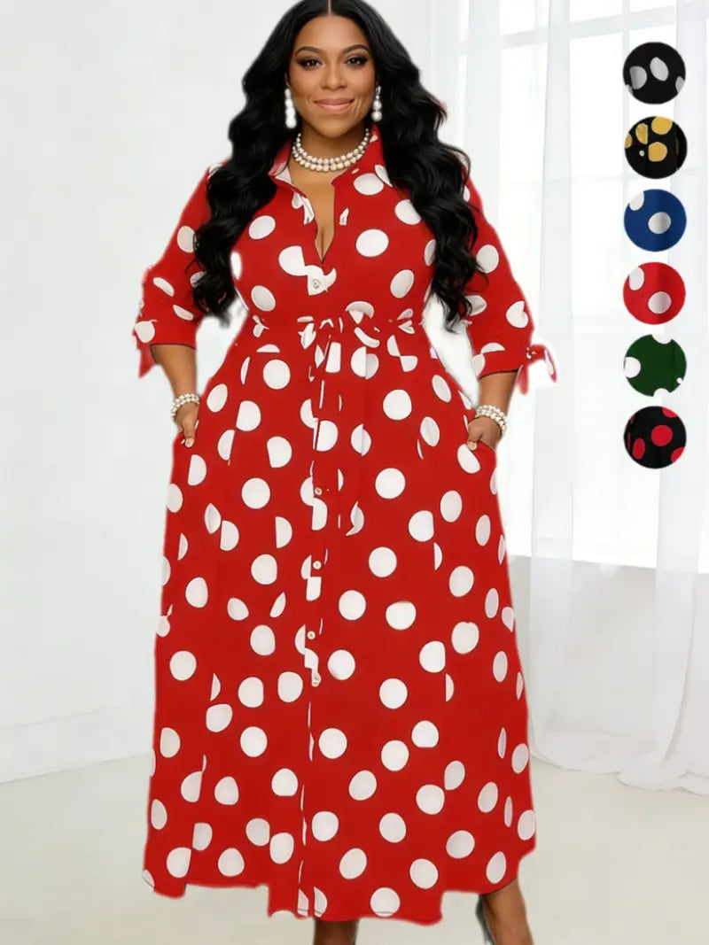 Plus-size polka-dot shirt dress with belt and front buttons