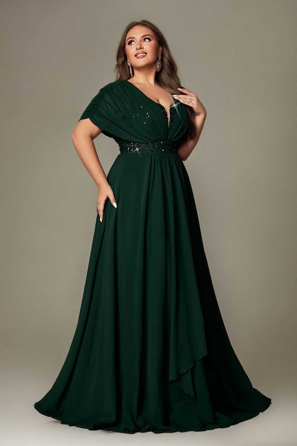 Curveins Plus Size V-Neck Short Sleeve Asymmetrical A-Line Maxi Dress