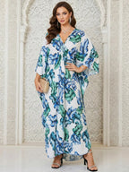 Women's Leopard Print Batwing Sleeve Split Hem Kaftan Dress, Casual Modest Style V-Neck 3/4 Sleeve Long Dress for Fall & Winter, Women's Islamic Clothing for Daily Wear