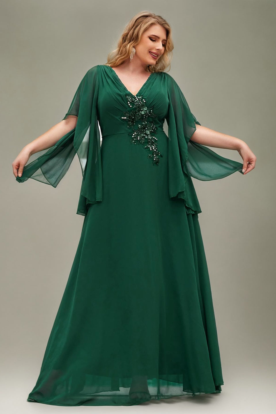 Curveins Plus Size V Neck Batwing Sleeve Chiffon Maxi Dress Elegant Flowing Fit