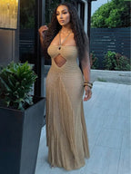 Women's crochet knit maxi dress with fringe, sexy cutout, open back, bohemian style; perfect for beach parties, summer vacations, and resort wear.