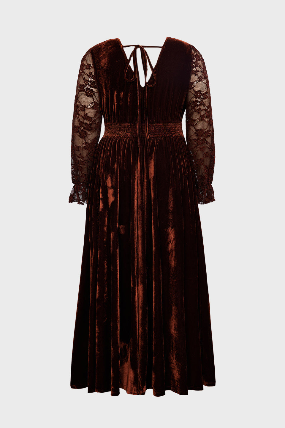 Curveins Plus Size Elegant V Neck Long Sleeve Ruched Waist Flowy Velet Maxi Dress
