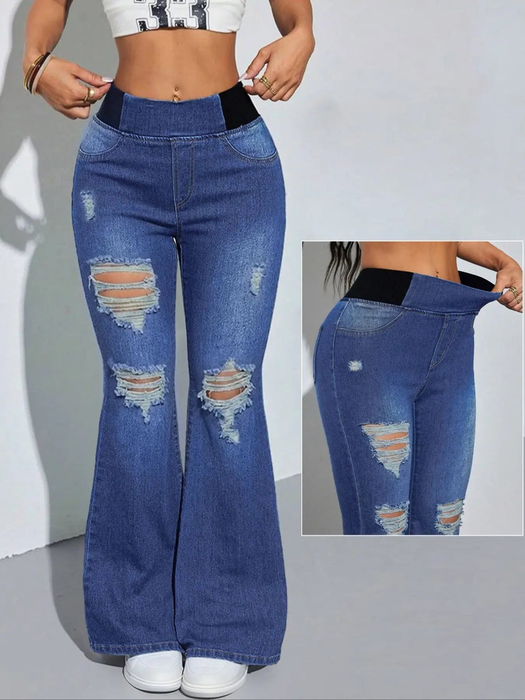 Y2K 2026 Women's Back Shirred Jeans,Mid-Rise Elasticity Waist Flared Jeans,With Pockets,Light Blue Washing Process,Women's Bell-Bottoms Wide-Leg Jeans,Waist - Cinching Design