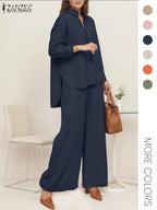 Two-piece Set Women's Solid Color Top & Wide Leg Pants, Casual Long Sleeve Top & Pants for Daily Wear, Ladies Clothes for All Seasons