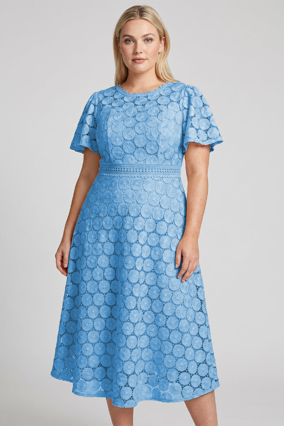 Curveins Plus Size Lace Hollow Detail Round Neck Short Sleeve Waist Defining Midi Dress