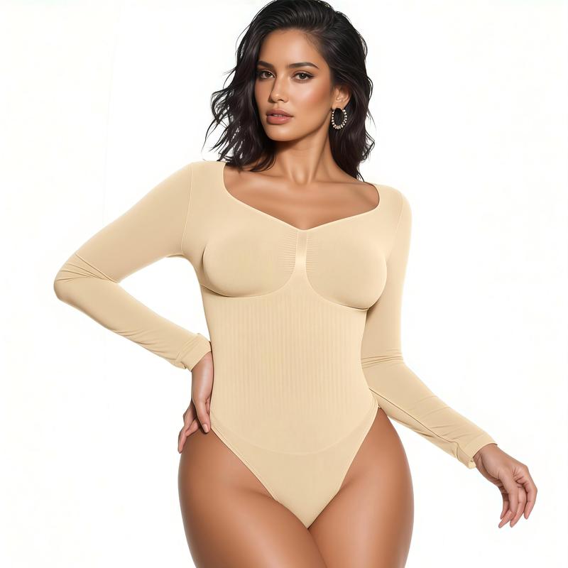 Women’s Seamless Shaping Bodysuit – Long Sleeve V-Neck Slim Fit Shapewear, Lightweight Sculpting Body Top, Perfect for Layering & Everyday Wear Light compression