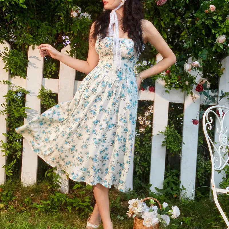 Women's Strappy Sleeveless Milkmaid Corset Flowy Midi Sundress