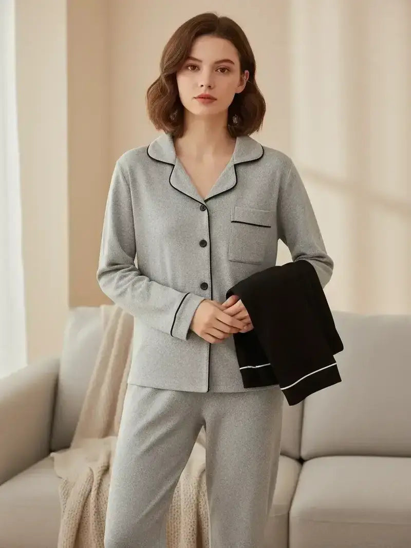 Women's Lapel Cardigan Set, Casual Loose-Fitting Long Sleeve Knitwear, Fall & Winter Home Wear, 2-Piece