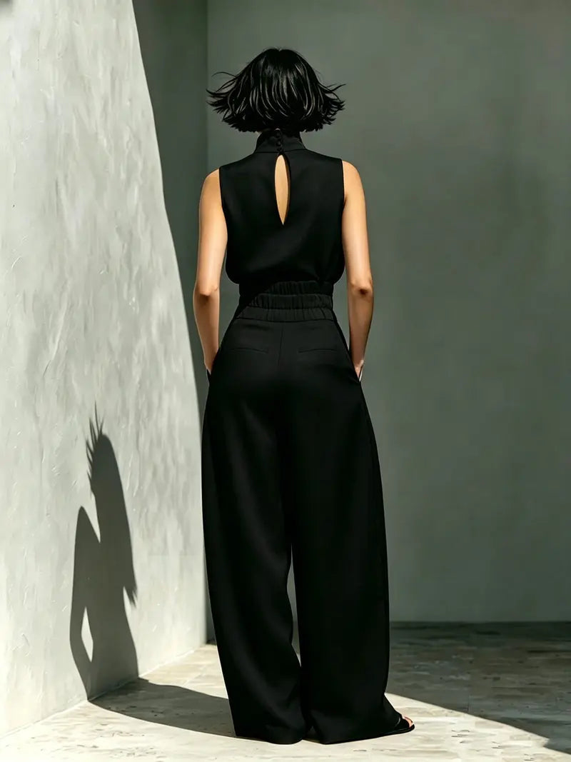 Women's Two-Piece Set High Neck Sleeveless Top and Long Pants, Elegant Style High Waist Wide Leg Pants Set, Fashionable Ladies