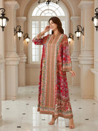 Bohemian Print Beaded Kaftan Dress, Long Evening Abaya Style Jalabiya, New Middle Eastern Women Fashion, Elegant Party Wear, Ethnic Print Kaftan
