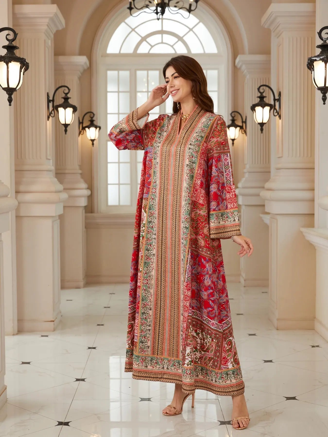 Bohemian Print Beaded Kaftan Dress, Long Evening Abaya Style Jalabiya, New Middle Eastern Women Fashion, Elegant Party Wear, Ethnic Print Kaftan