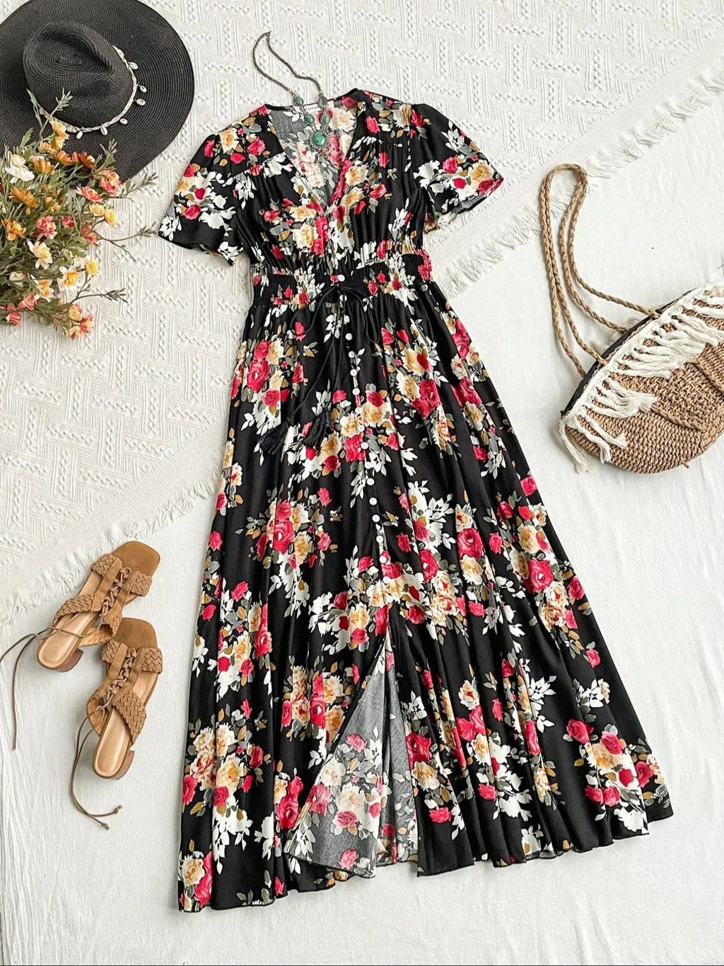 Women's Floral Print Button Front Dress, Boho French Style Short Sleeve Dress for Summer, Women's Clothes for Beach Vacation Holiday