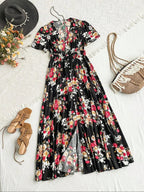 Women's Floral Print Button Front Dress, Boho French Style Short Sleeve Dress for Summer, Women's Clothes for Beach Vacation Holiday