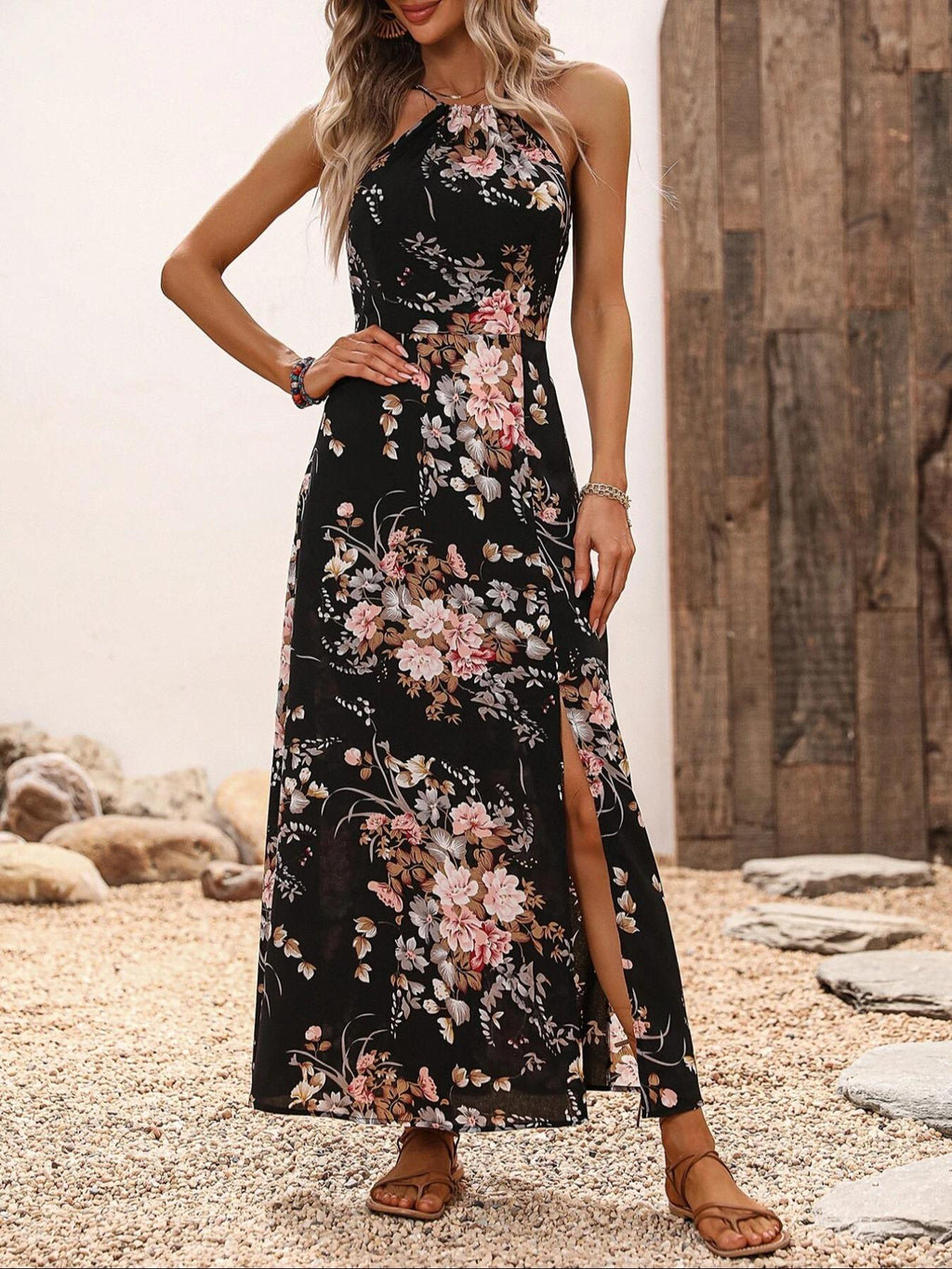 Women's Floral Print Split Thigh Halter Dress, Tie Back Design, Bohemian Boho Summer Long Sleeveless Fitted Dress, Elegant Printed Series