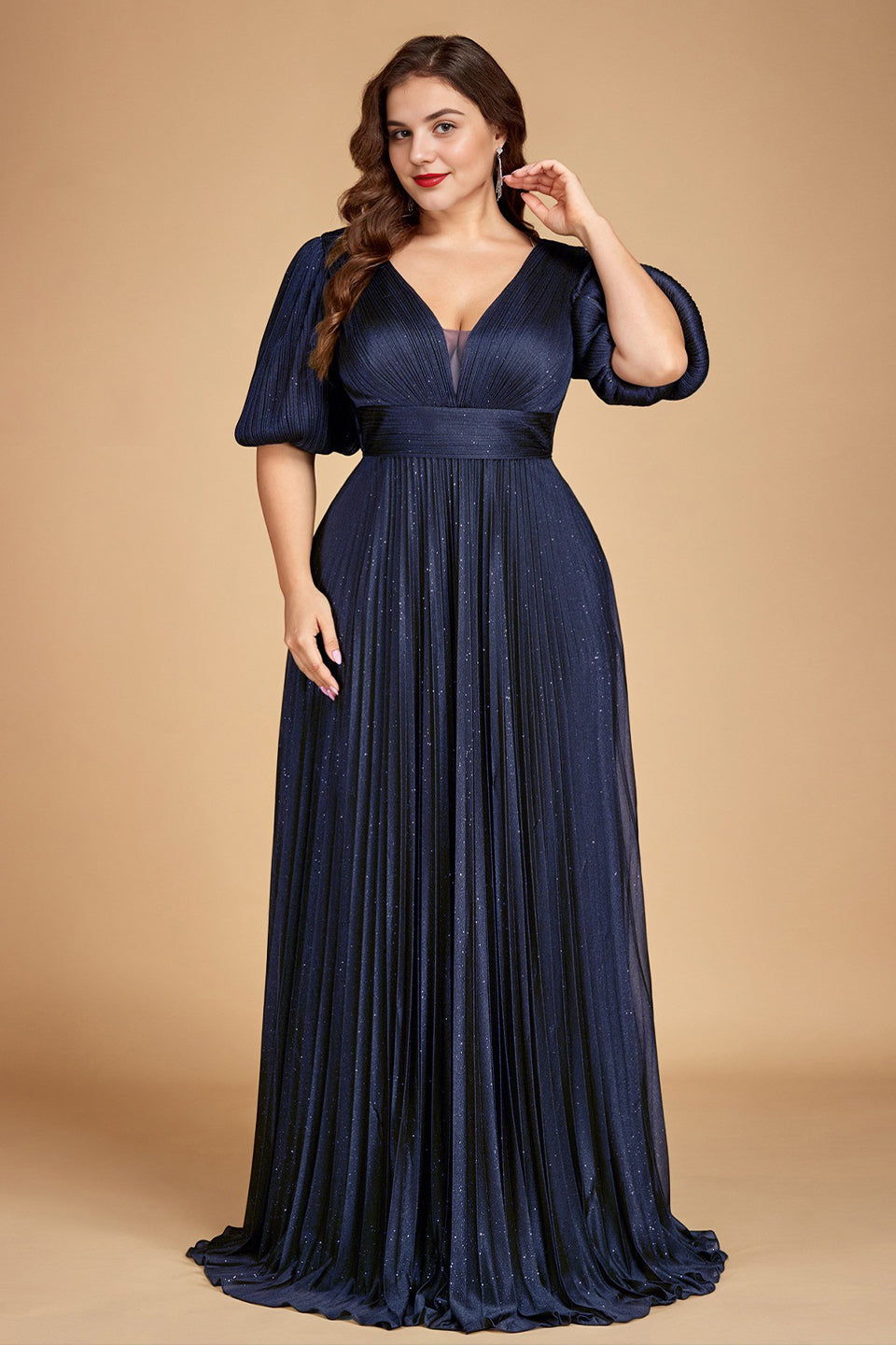 Curveins Plus Size Lantern Sleeve Flowy V Neck Gathered Waist Chic Pleated Maxi Dress