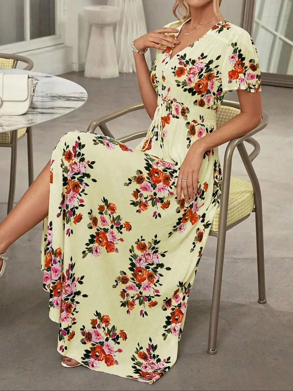 Women's Floral Print Button Front Dress, Boho French Style Short Sleeve Dress for Summer, Women's Clothes for Beach Vacation Holiday
