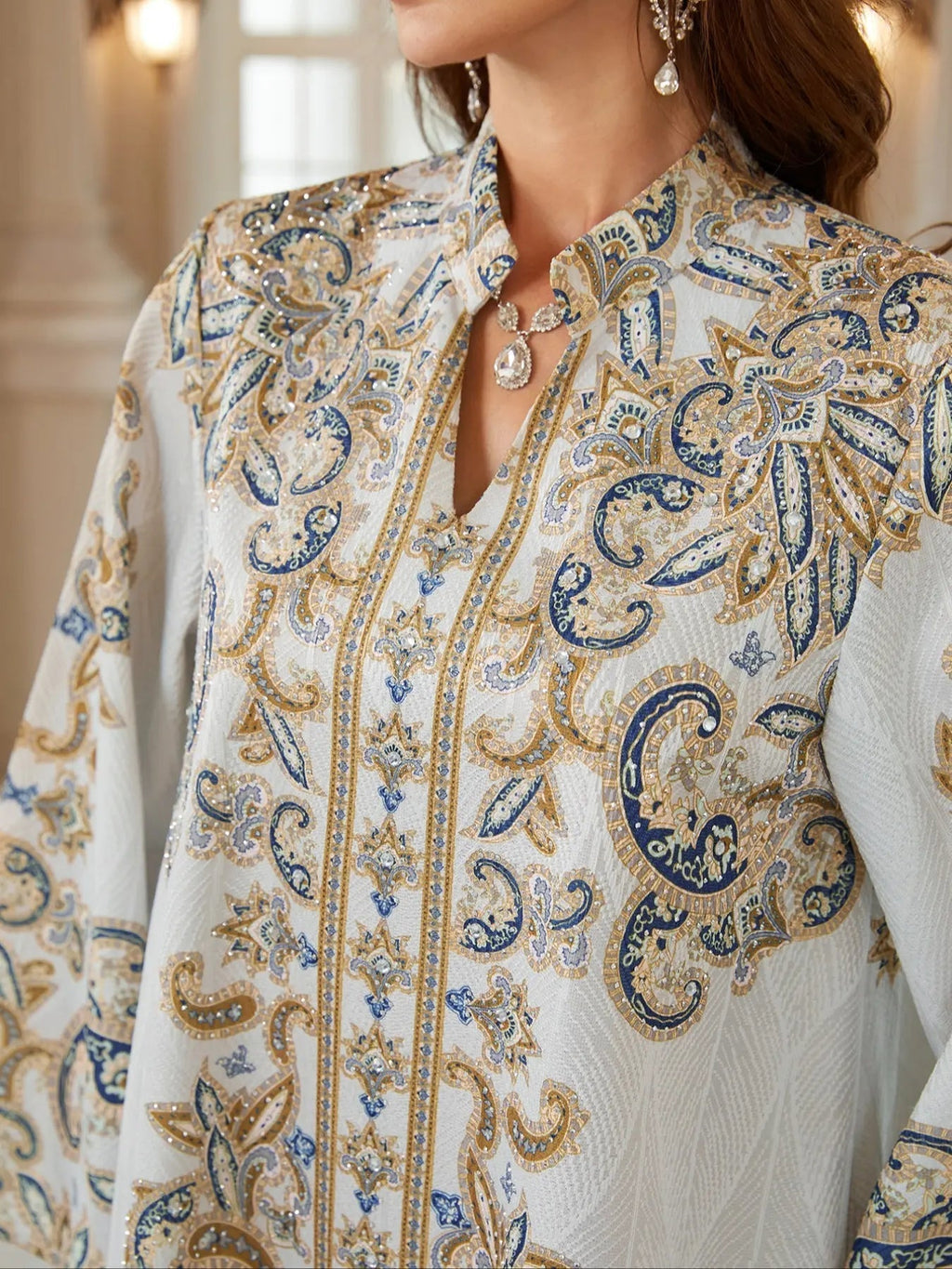 Middle Eastern Women's New Fabric Printed Embellished Dress, Arabic Long Robe Evening Gown Abayas Full Beaded Jalabiya, Abayas For Eid