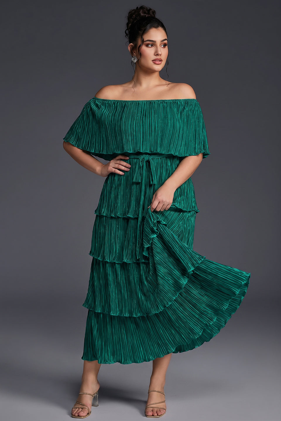 Curveins Plus Size Off-Shoulder Pleated Tiered Maxi Dress