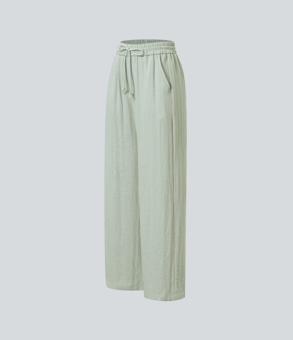 Casual High-Waisted Linen Trousers with Drawstring and Wide Pockets