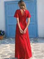 Women's Bohemian V-Neck Short Sleeve Long Dress, Casual Polka Dot Vacation Style, New European and American Fashion