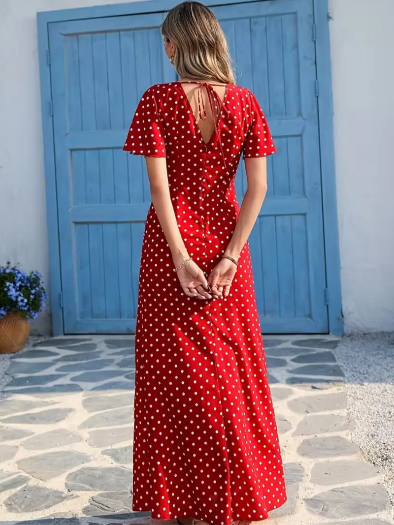 Women's Bohemian V-Neck Short Sleeve Long Dress, Casual Polka Dot Vacation Style, New European and American Fashion