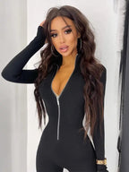 Women's Solid Zip Up Thumb Hole Design Bodysuit, Casual Long Sleeve Stand Collar Bodycon Bodysuit for Fall & Winter, Valentine's Day Gift for Girl, Women's Clothes for Daily Wear