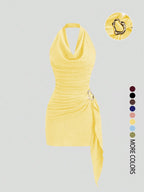Women's Fashion Solid Color Ruched Halter Dress