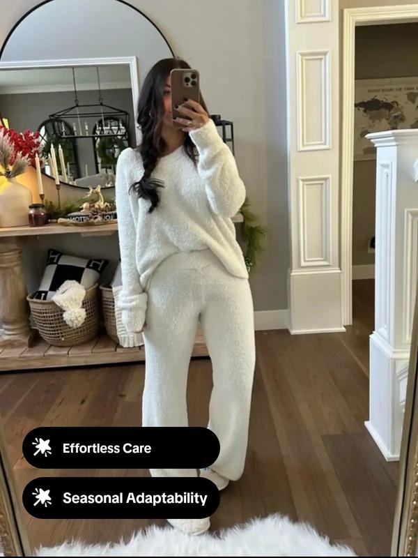Women's Two-Piece Casual Set, Solid Color Long Sleeve Top & Elastic Wide-Leg Pants Pjs, Comfortable Minimalist Round Neck Sleepwear