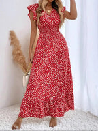 Women's Spring Summer Fashion Casual Floral V Neck Ruffle Waist Slim Bohemian Boho Style Dress, Long Cap Sleeve Fitted Wrap Dress for Vacation