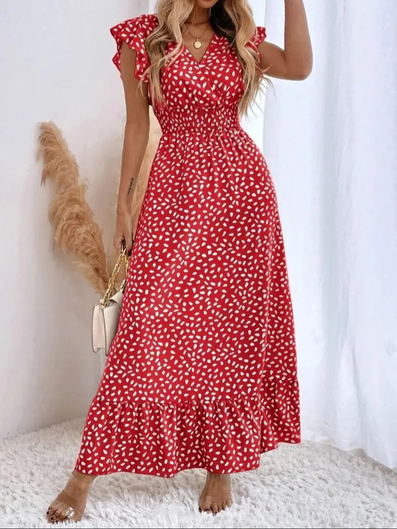 Women's Spring Summer Fashion Casual Floral V Neck Ruffle Waist Slim Bohemian Boho Style Dress, Long Cap Sleeve Fitted Wrap Dress for Vacation
